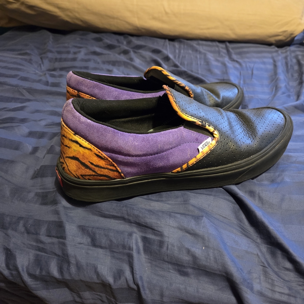 Custom Vans Slip-ons Black Leather/Purple Suede/Tiger Canvas Sz13 Mens